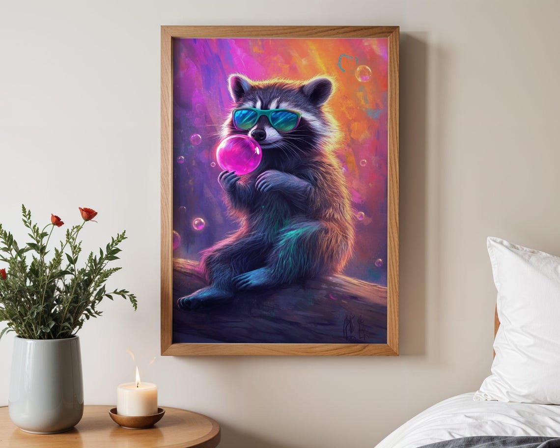 Raccoon In Sunglasses Blowing A Bubblegum Bubble In Neon Glow Poster