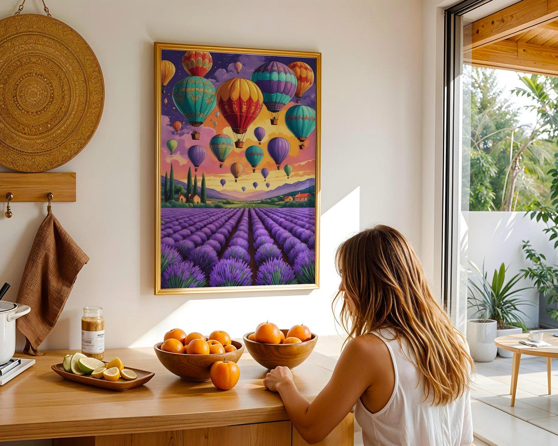 Colorful Hot Air Balloons Over Lavender Fields Sunset Poster - Image 2