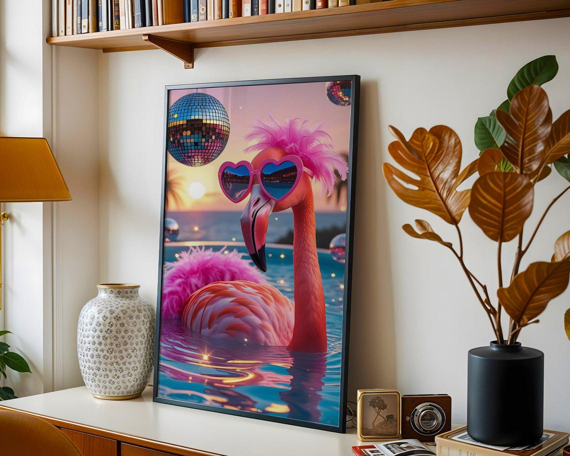 Flamingo In Heart Sunglasses Floating Pool Sunset Disco Party Poster - Image 5