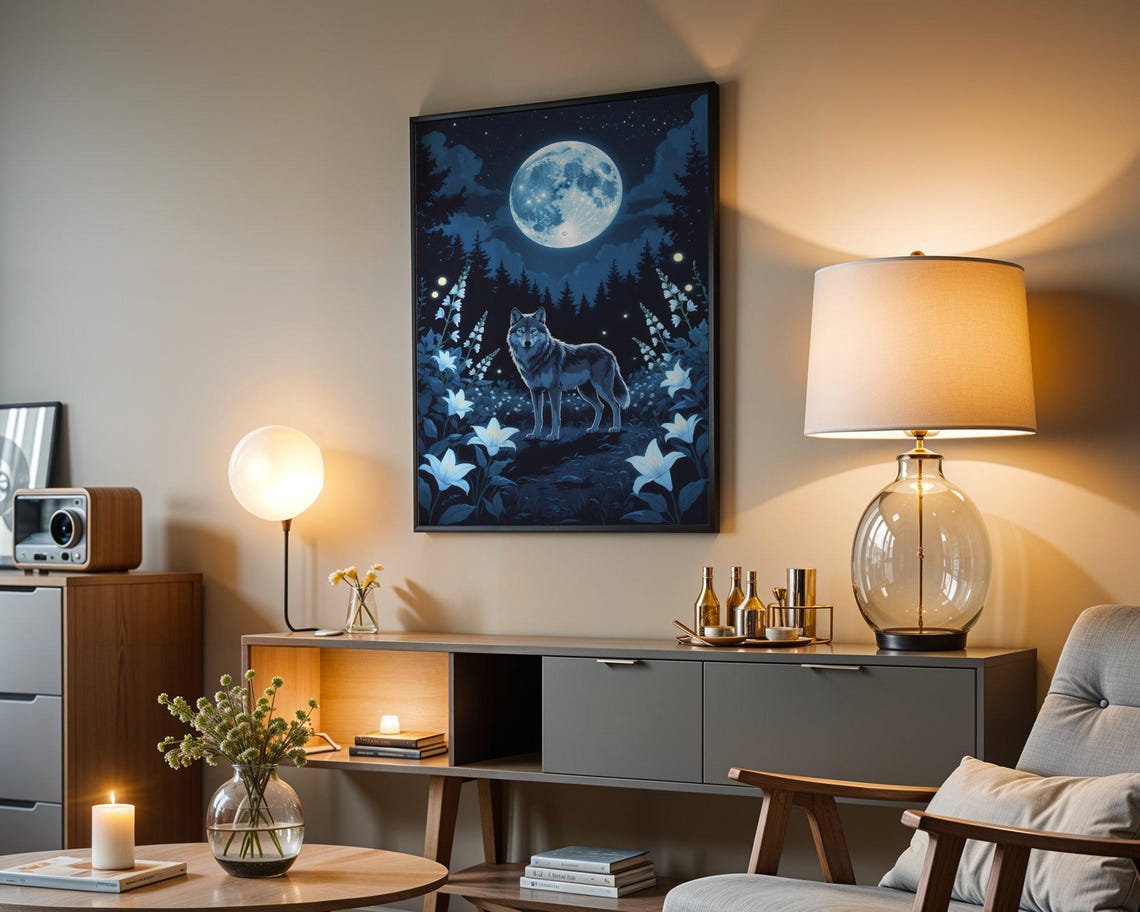 Wolf Under Moonlight Blue Forest Night Animal Scene Art Print - Image 3