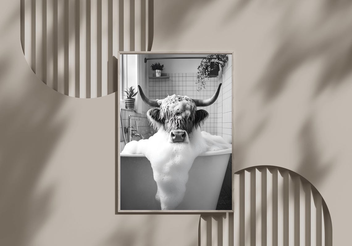 Highland Cow Soaking in a Bubble Bath Black and White Farmhouse Poster