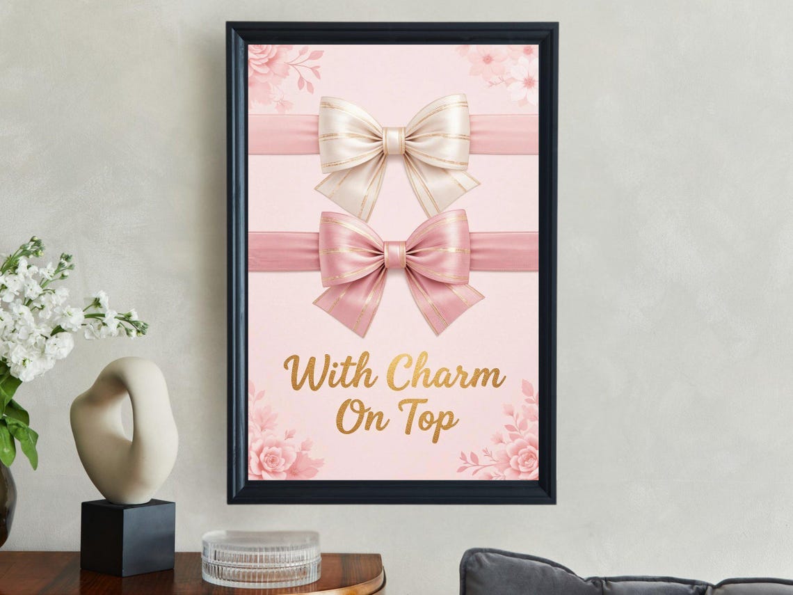 With Charm on Top Pink Bow Ribbon Coquette Nursery Decor Poster