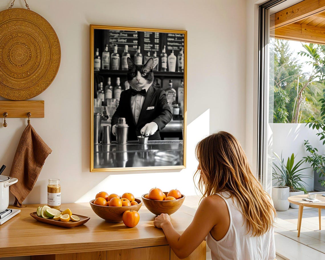 Cat Bartender in a Tuxedo Mixing Drinks Funny Animal Kitchen Poster - Image 5