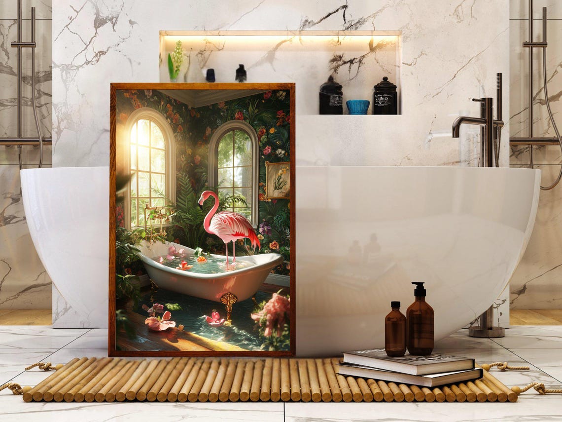 Flamingo Bathing in Tropical Flower Bathtub Botanical Art Poster - Image 5