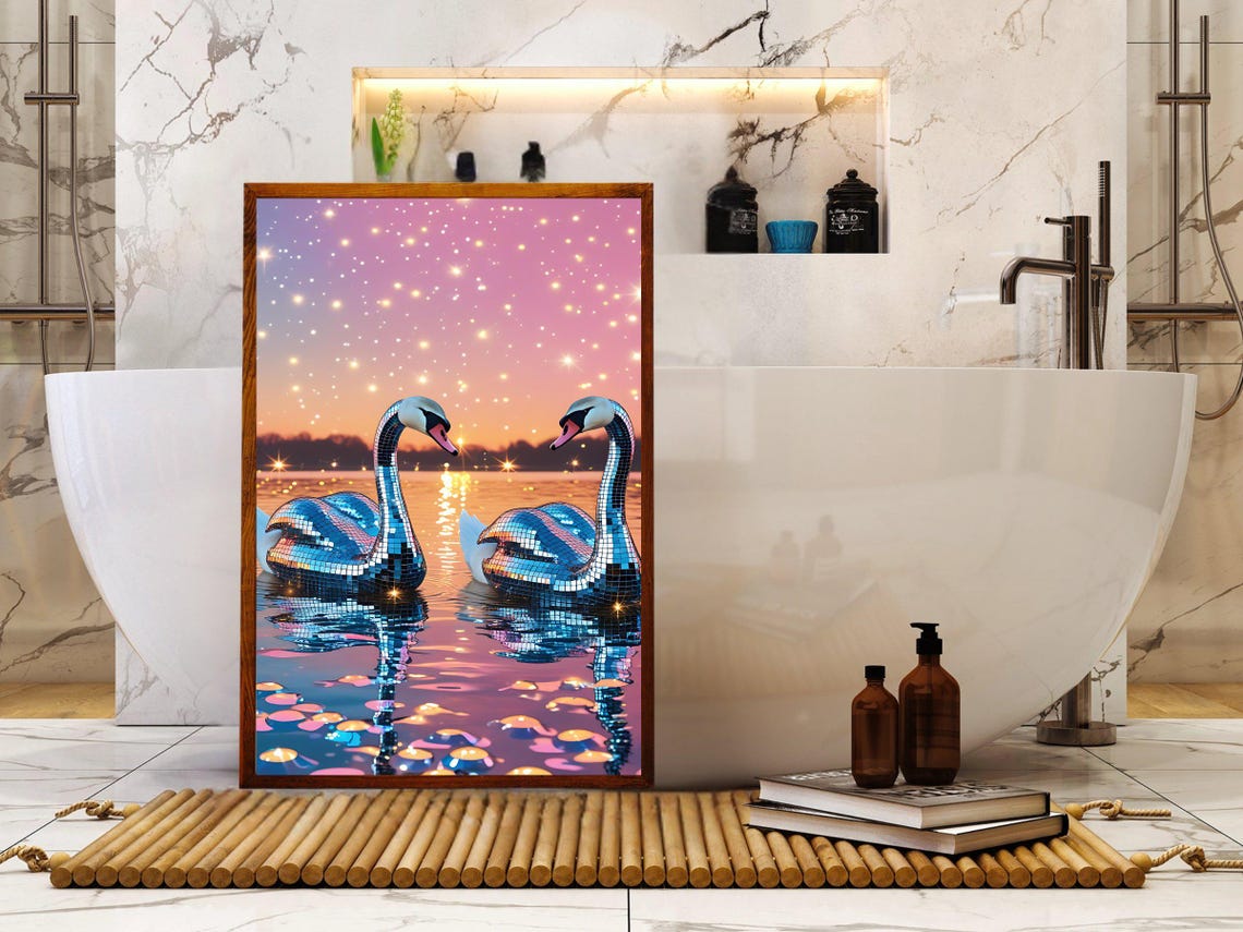 Mirror Disco Ball Swans Pink Sunset Lake Reflection Art Poster - Image 2