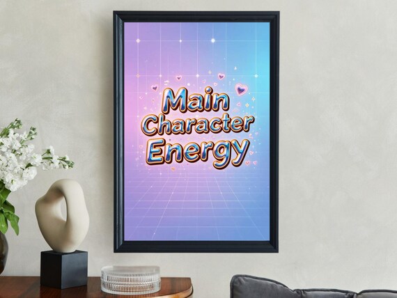 Main Character Energy Pink Retro Grid Hearts Typography Quote Poster