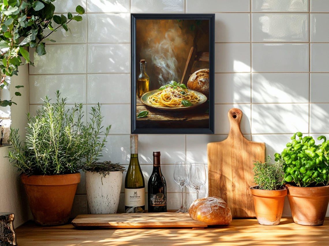 Steaming Spaghetti with Fresh Basil Rustic Italian Kitchen Poster - Image 5
