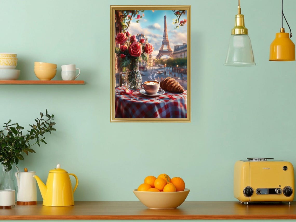Paris Cafe Scene Eiffel Tower Croissant Coffee Romantic Poster - Image 3