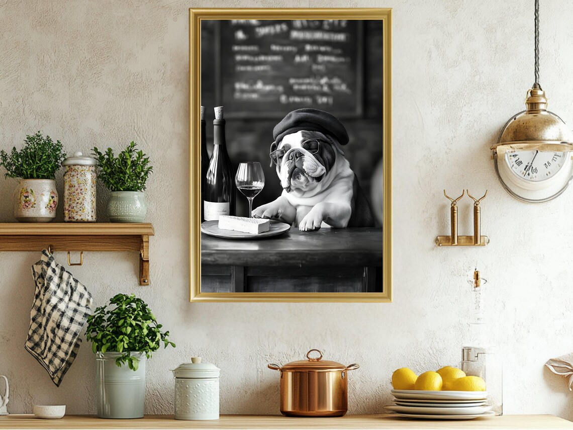 Bulldog Wine Bar With Beret French Pet Lover Humor Art Poster