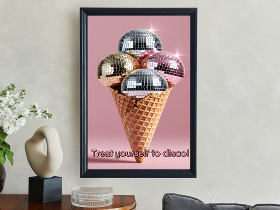 Disco Ball Ice Cream Cone Wall Art Fun Ice Cream Poster Disco Themed Room Decor Unique Wall Print Pop Art Style Home Decor Print