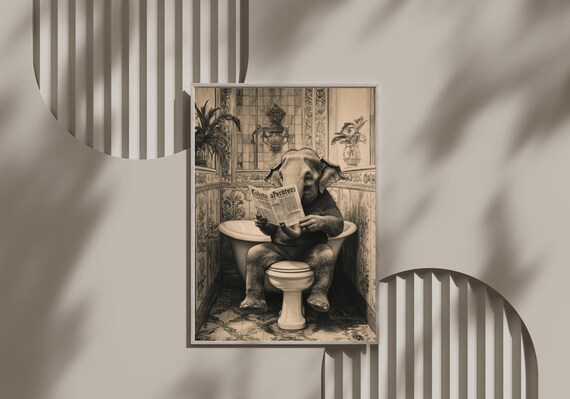 Baby Elephant Reading Newspaper On Toilet Funny Animal Poster