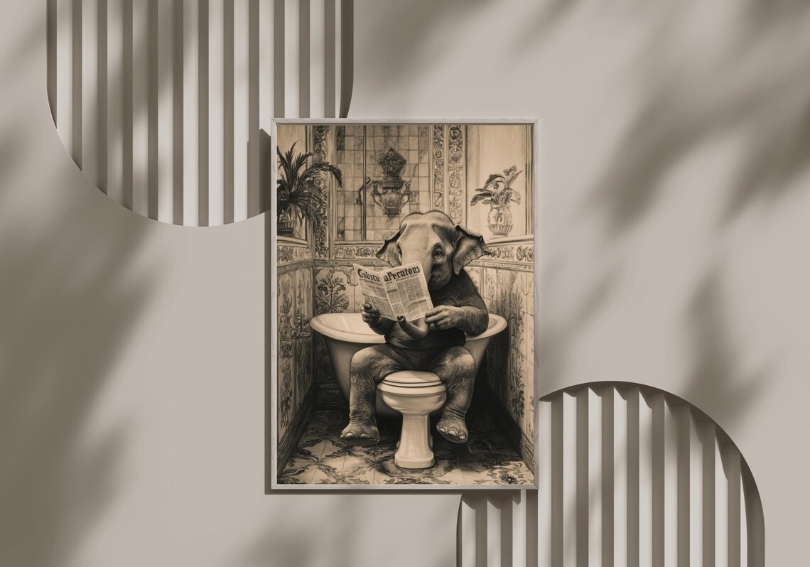 Baby Elephant Reading Newspaper On Toilet Funny Animal Poster