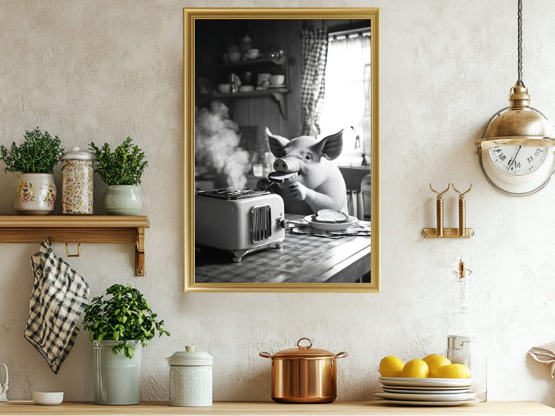 Pig Eating Toast at Breakfast Table Funny Animal Kitchen Poster