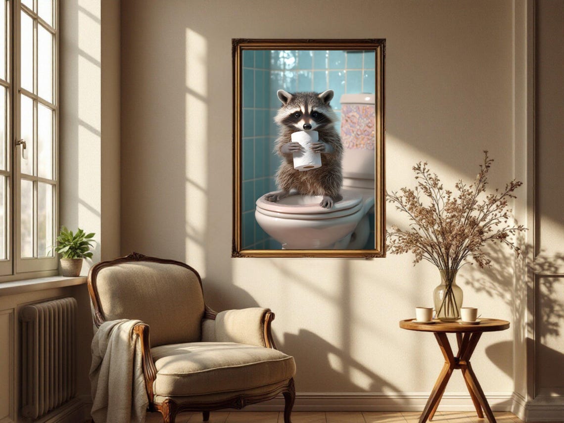 Cute Raccoon On Toilet Holding Toilet Paper Funny Bathroom Poster - Image 4