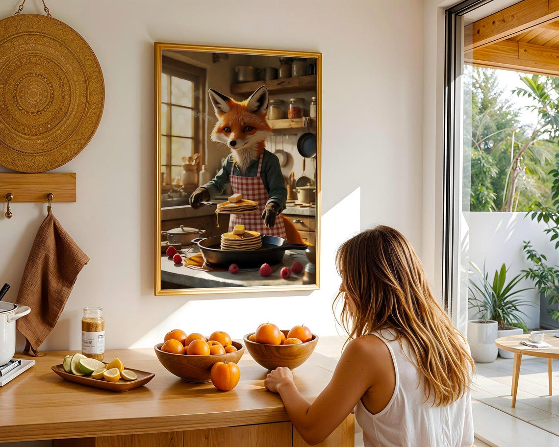 Fox Chef Making Pancakes Cozy Kitchen Funny Animal Art Print - Image 5