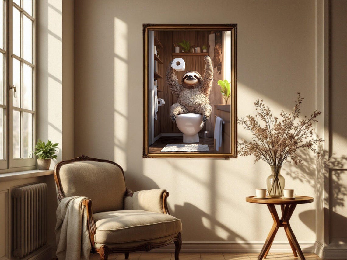 Cheerful Sloth Triumphantly Holding Toilet Paper on Toilet Poster - Image 4