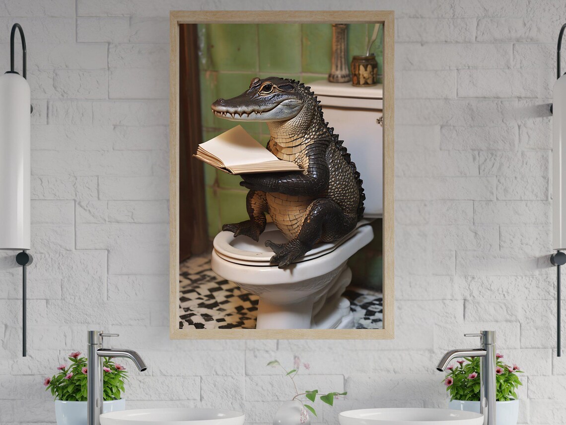 Alligator Reading Wall Art Quirky Bathroom Decor Funny Animal Print Unique Toilet Art Green And White Accent Humorous Poster