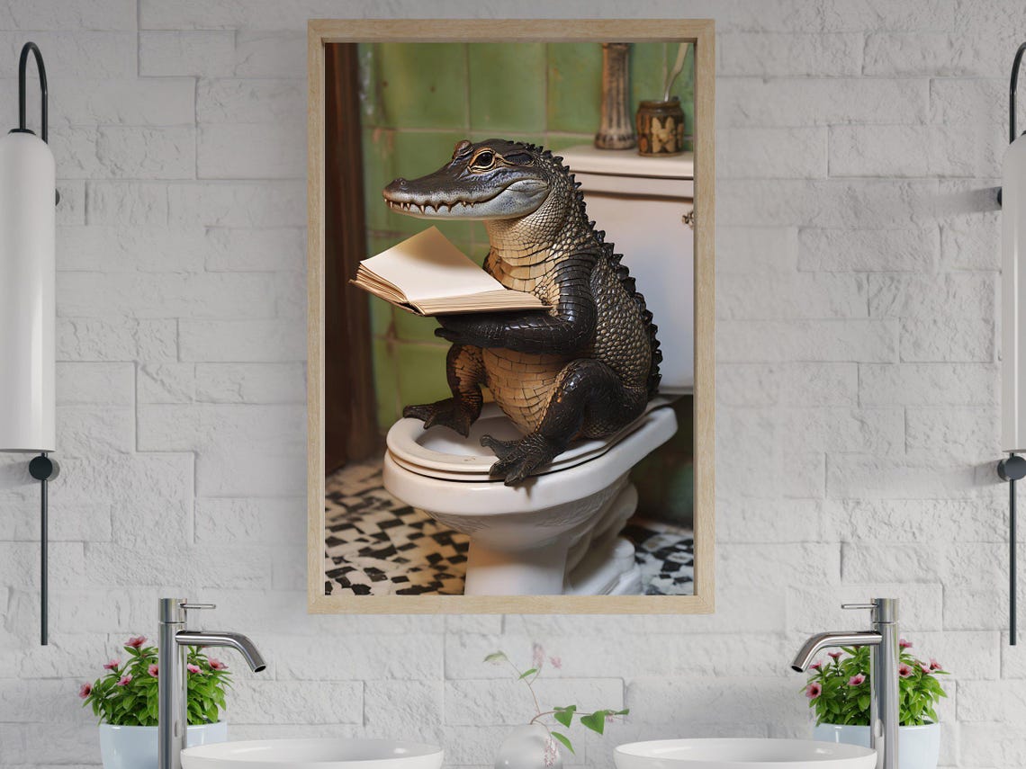 Charming Alligator Sitting on a Toilet Reading an Open Book Poster