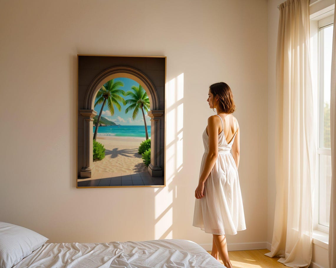 Tropical Palm Beach View Through Stone Archway Terrace Poster - Image 4