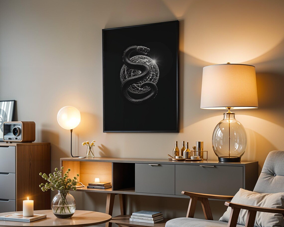 Snake Coiled Around a Wireframe Globe on Black Minimalist Reptile Poster - Image 3