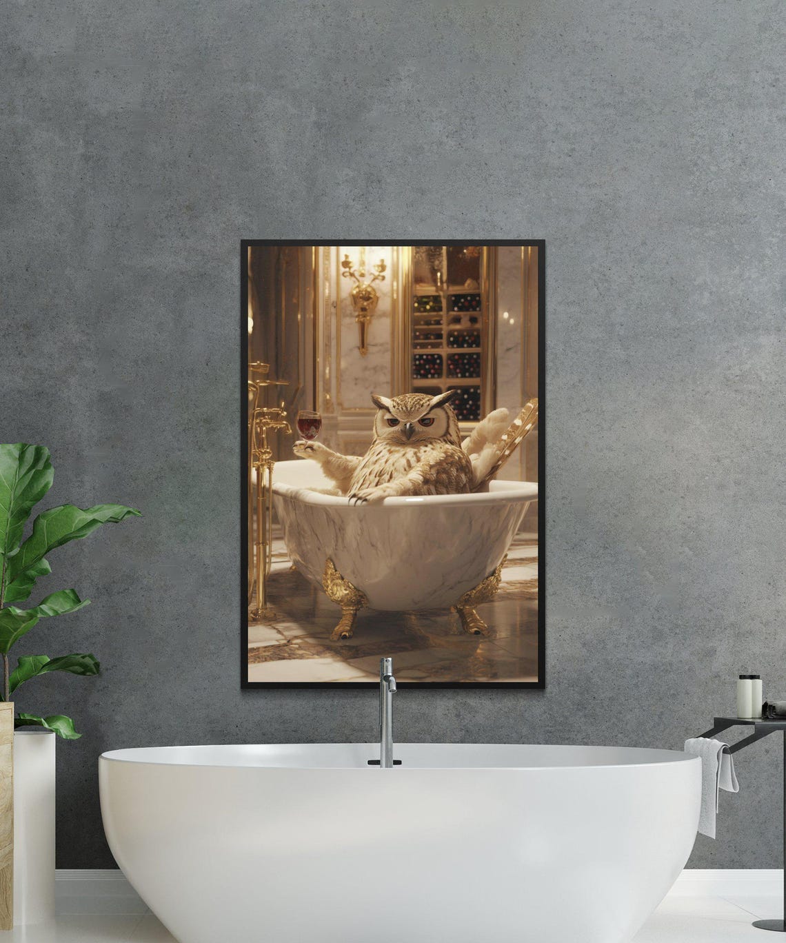 Owl Relaxing in Marble Bathtub Holding Wine Glass Art Poster - Image 2