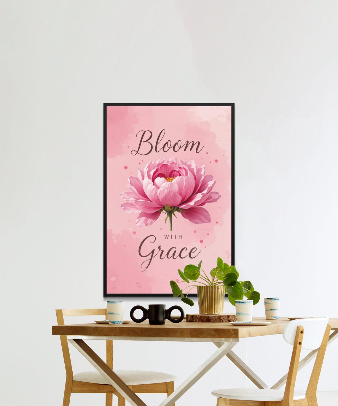 Bloom With Grace Large Pink Peony Floral Watercolor Quote Poster - Image 2