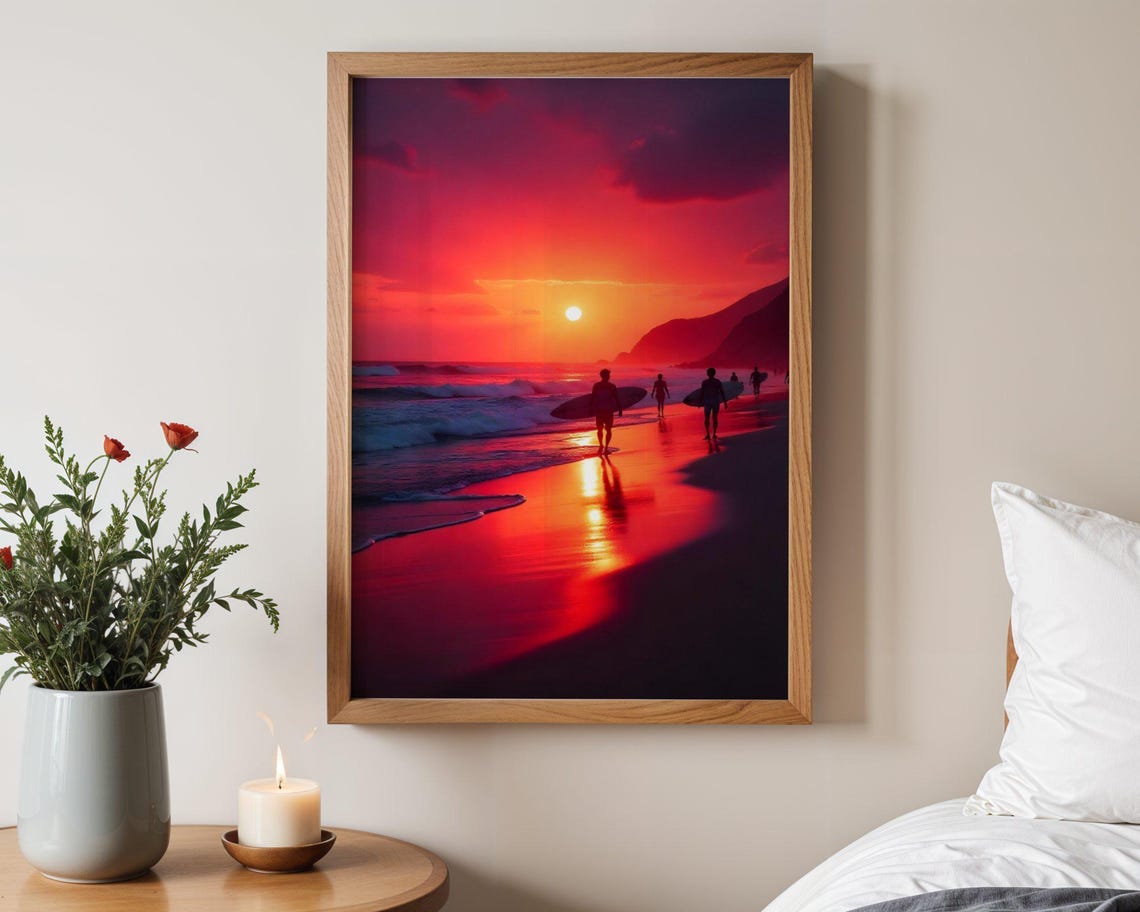 Surfers Walking Into A Fiery Red Sunset Over The Ocean At Dusk Poster
