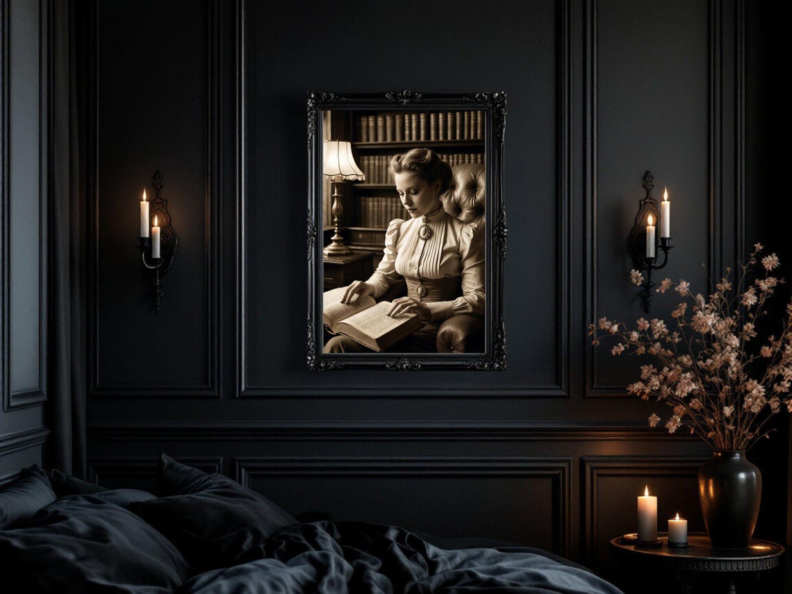 Sepia Vintage Portrait Of A Woman Reading In A Classic Library Poster - Image 3