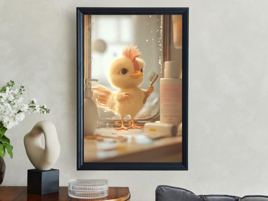 Fluffy Baby Chick Holding Toothbrush at the Bathroom Sink Poster - Image 2