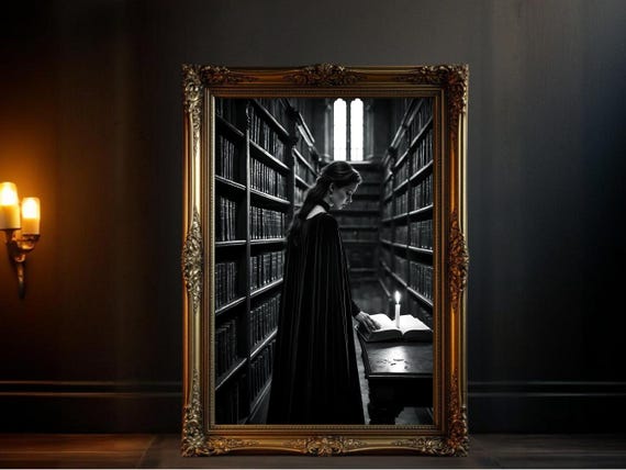 Gothic Library Wall Art Woman With Candle Print Dark Academia Decor Vintage Bookstore Poster Mysterious Reading Scene Art