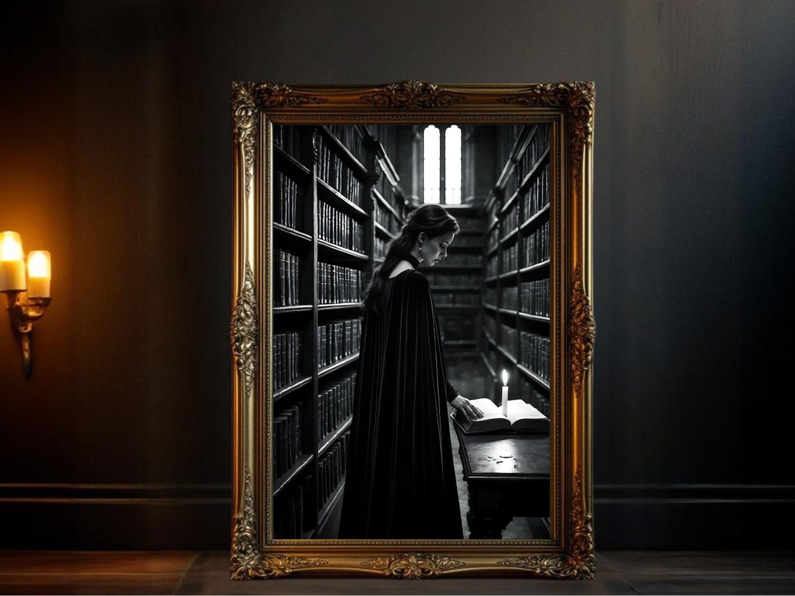 Cloaked Woman Reading by Candlelight in Gothic Library Poster