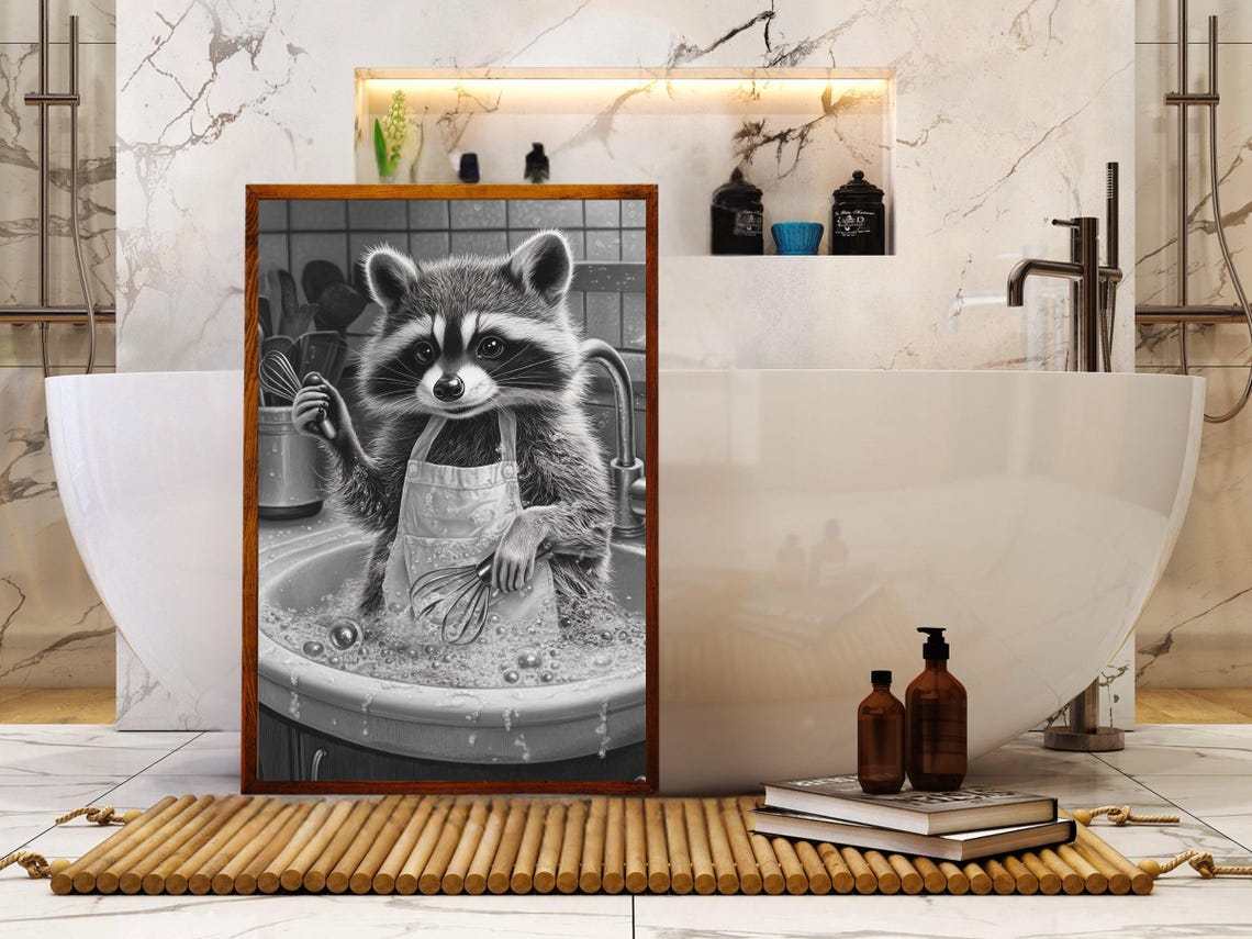 Raccoon in an Apron Washing Dishes Black and White Art Print - Image 5