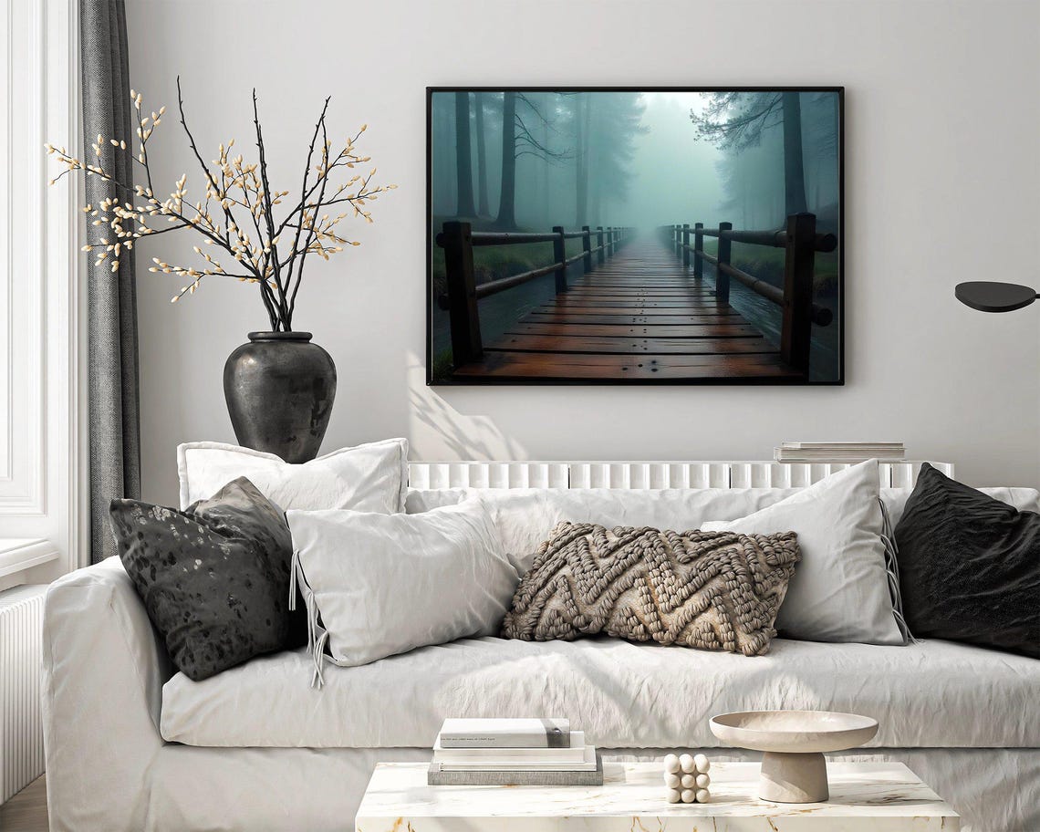 Mystical Forest Bridge Foggy Path Nature Wall Art Print Serene Misty Forest Wooden Bridge Decor Tranquil Nature Scene Poster - Image 4