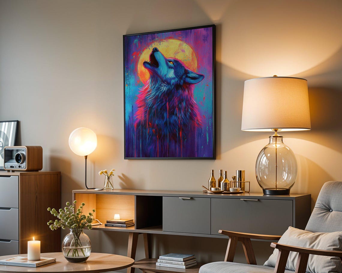 Howling Wolf at Golden Moon Cosmic Night Wildlife Art Poster - Image 3