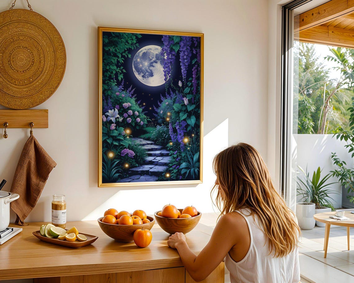 Moonlit Enchanted Garden Path Full Moon Fireflies Night Wall Art - Image 2