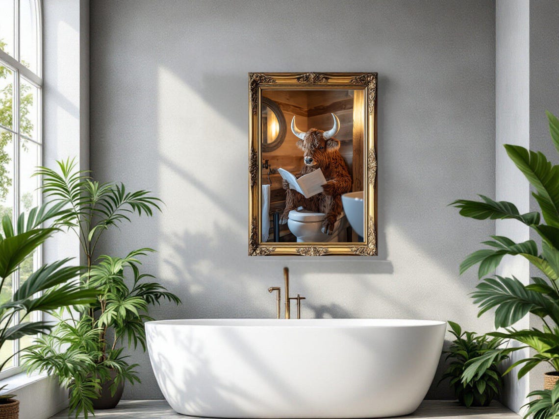 Highland Cow Reading a Book on the Toilet in a Rustic Cabin Poster - Image 3