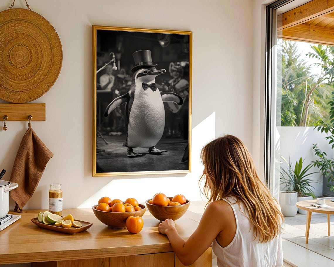 Dapper Penguin in Top Hat and Bow Tie Black and White Poster - Image 5