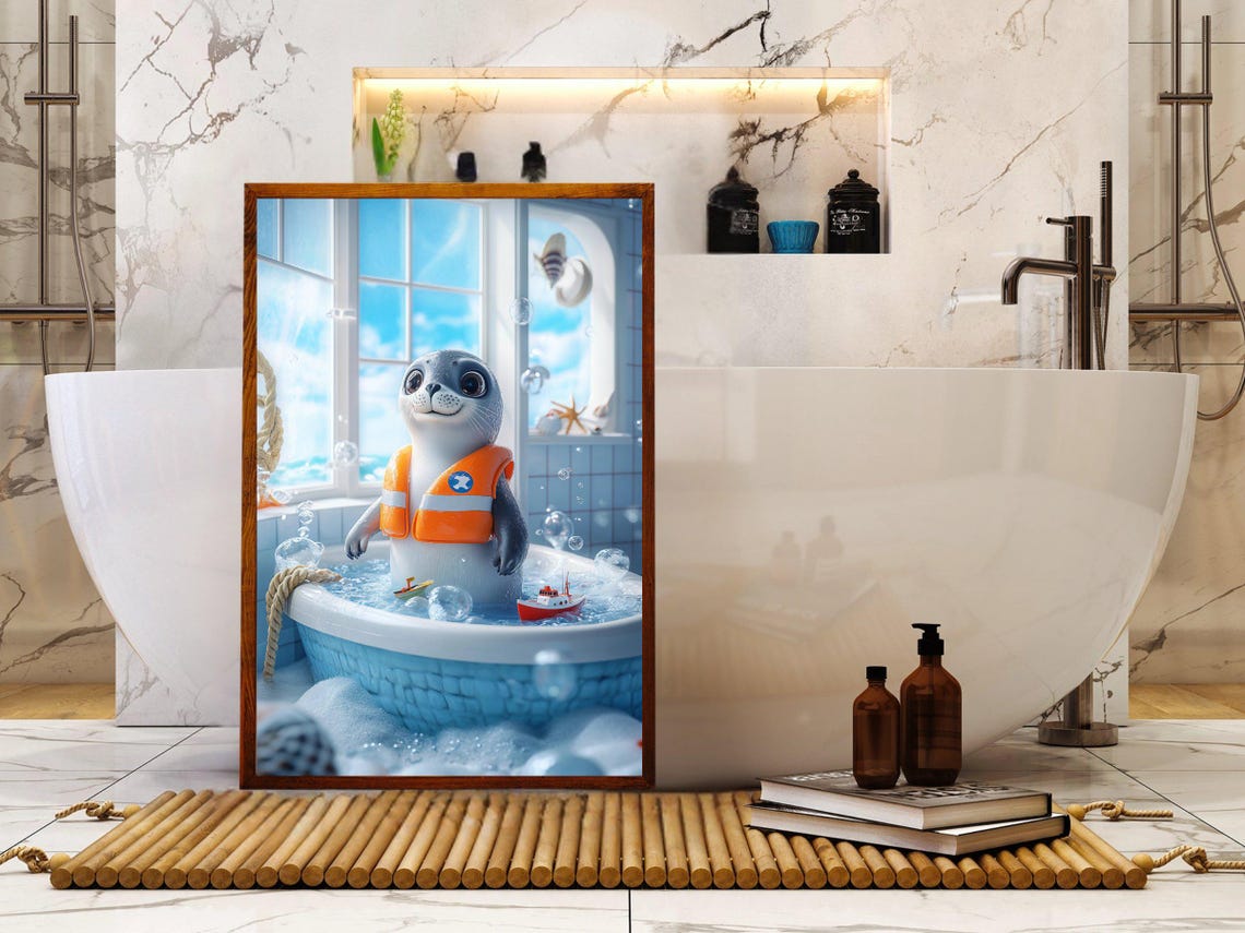 Baby Seal in a Life Jacket Playing in a Nautical Bubble Bath Poster - Image 5