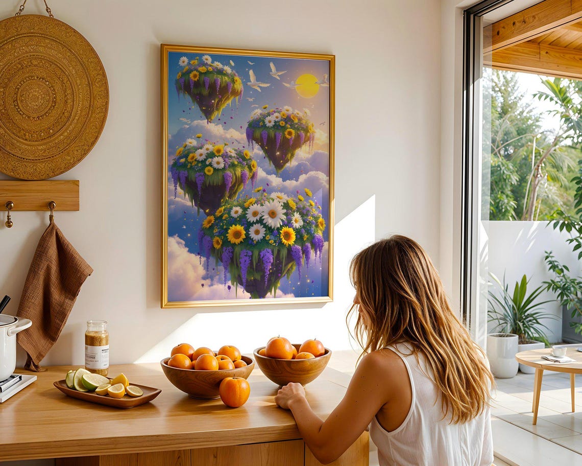 Floating Flower Islands With Sunflowers Under Sunny Sky Poster - Image 2