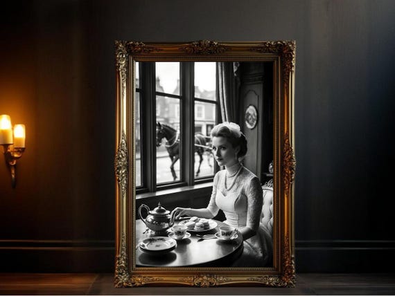 Victorian Era Lady Wall Art Elegant Vintage Black And White Print Tea Time Decor Historical Woman Portrait Classic Home Decor