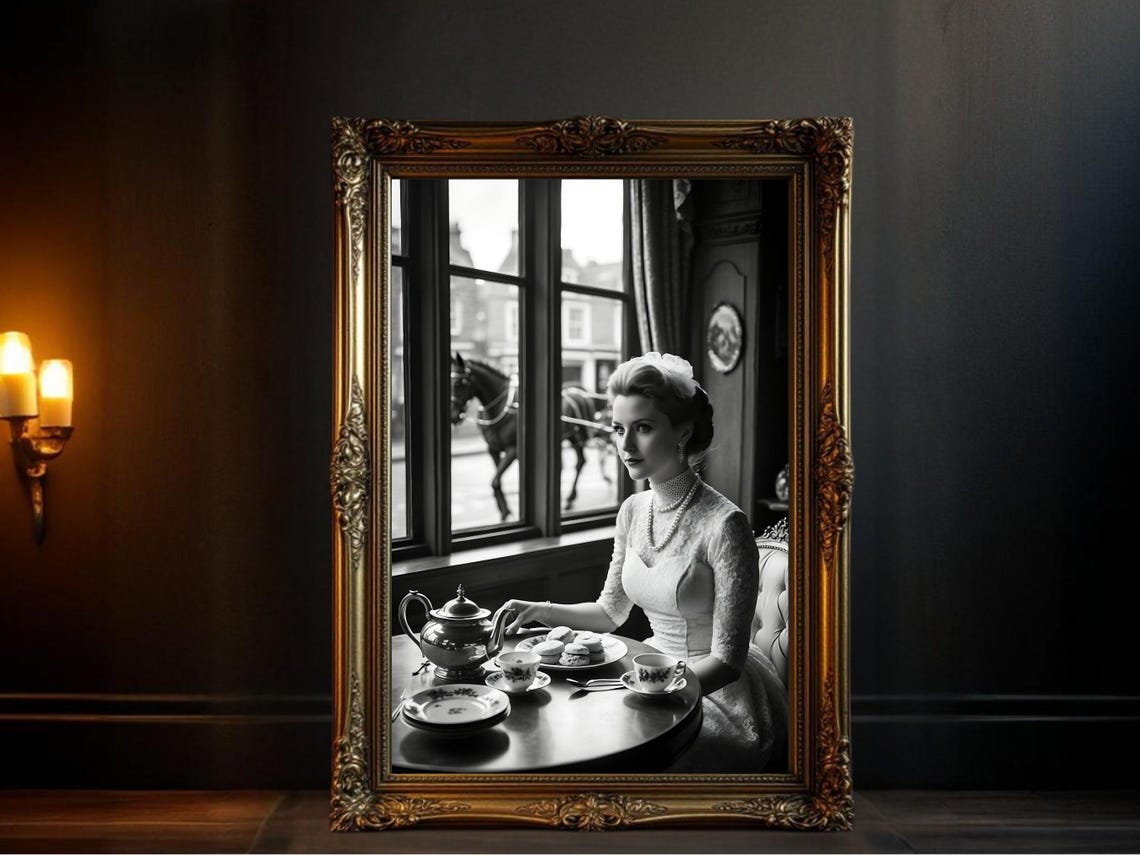 Woman with Pearls Taking Tea, Vintage Cafe Window Scene Poster