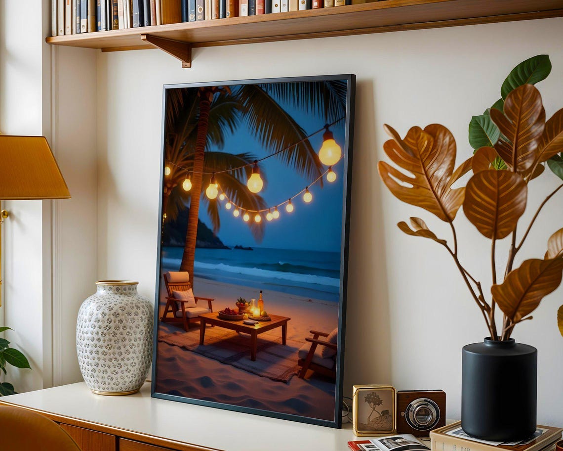 Evening Beach Picnic Under String Lights Cozy Seaside Poster - Image 3
