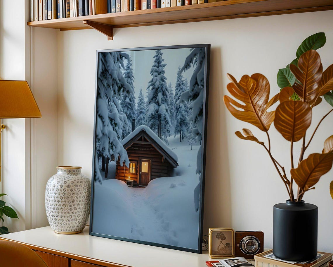 Snowy Log Cabin With Warm Glow in Winter Forest at Dusk Poster - Image 3