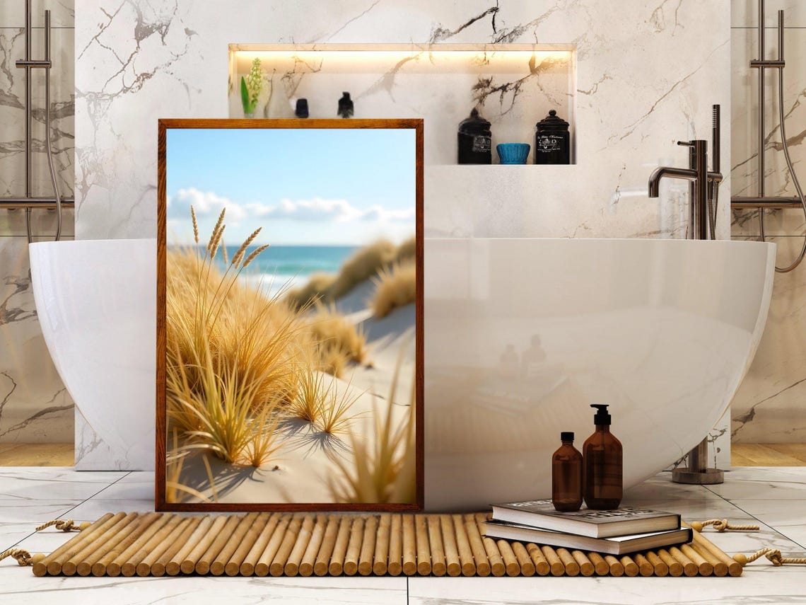 Golden Beach Grass Swaying In Dunes With Soft Blue Ocean Beyond Poster - Image 2