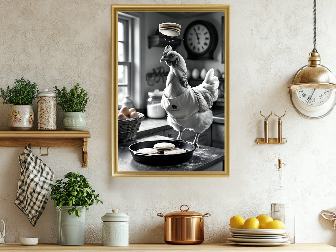 Chicken Chef Flipping Pancakes Rustic Kitchen Humor Art Poster