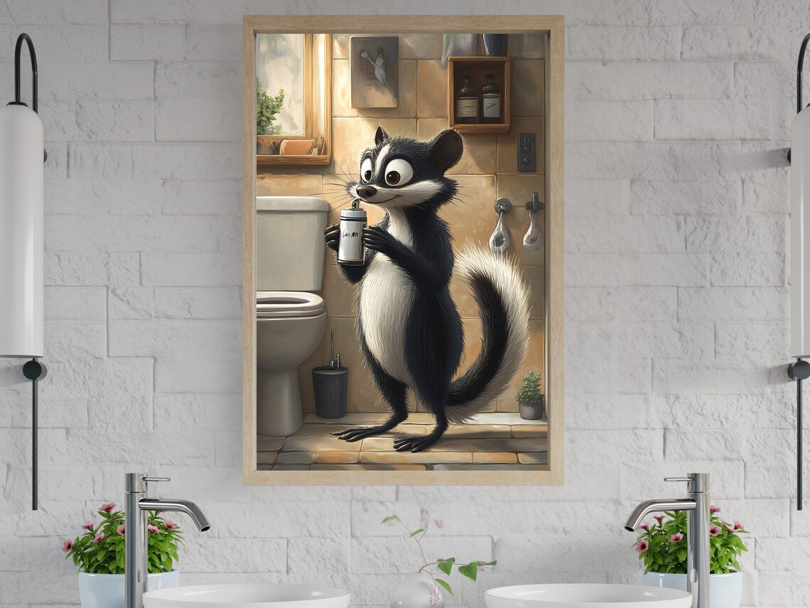Adorable Skunk Holding Bottle In Bathroom Quirky Animal Art Poster