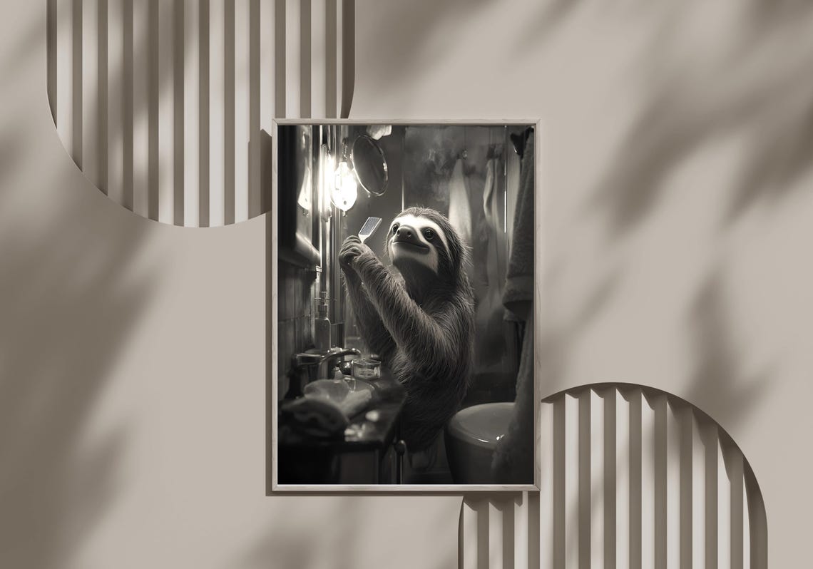 Sloth Brushing Its Teeth in a Vintage Bathroom Black and White Poster