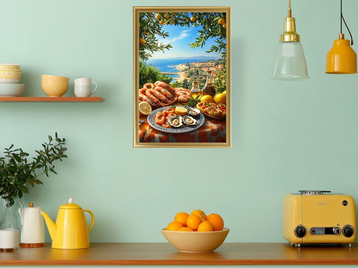 Mediterranean Seafood Feast Sunny Coastal Kitchen Dining Poster - Image 3
