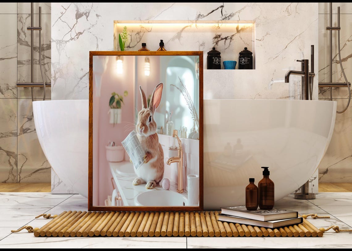 Bunny Reading the Newspaper in a Pink Bathroom Cute Animal Poster - Image 5