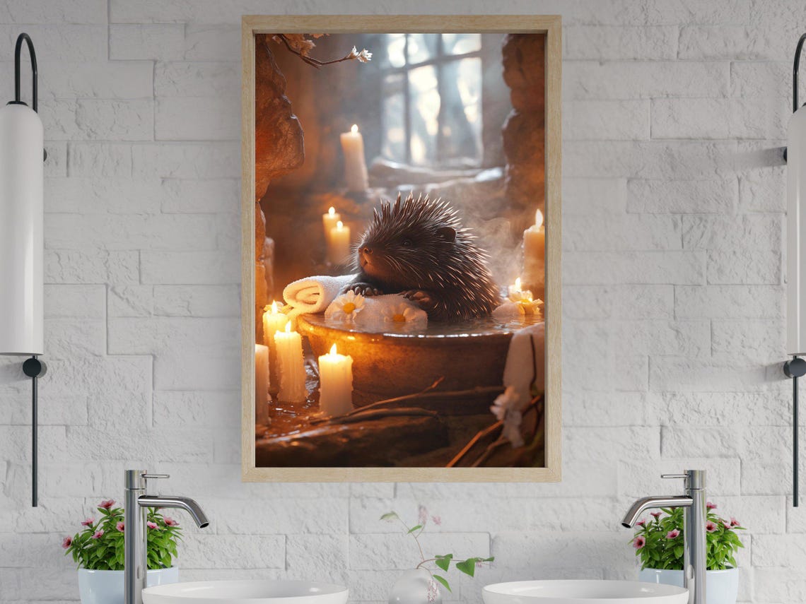 Hedgehog Relaxing in a Candlelit Stone Bath with Flowers Poster